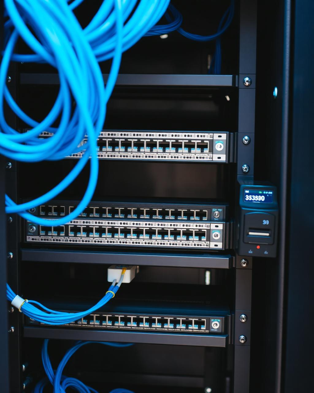 Nätverksskåp med patchpanel, blå nätverkskablar och kortläsare